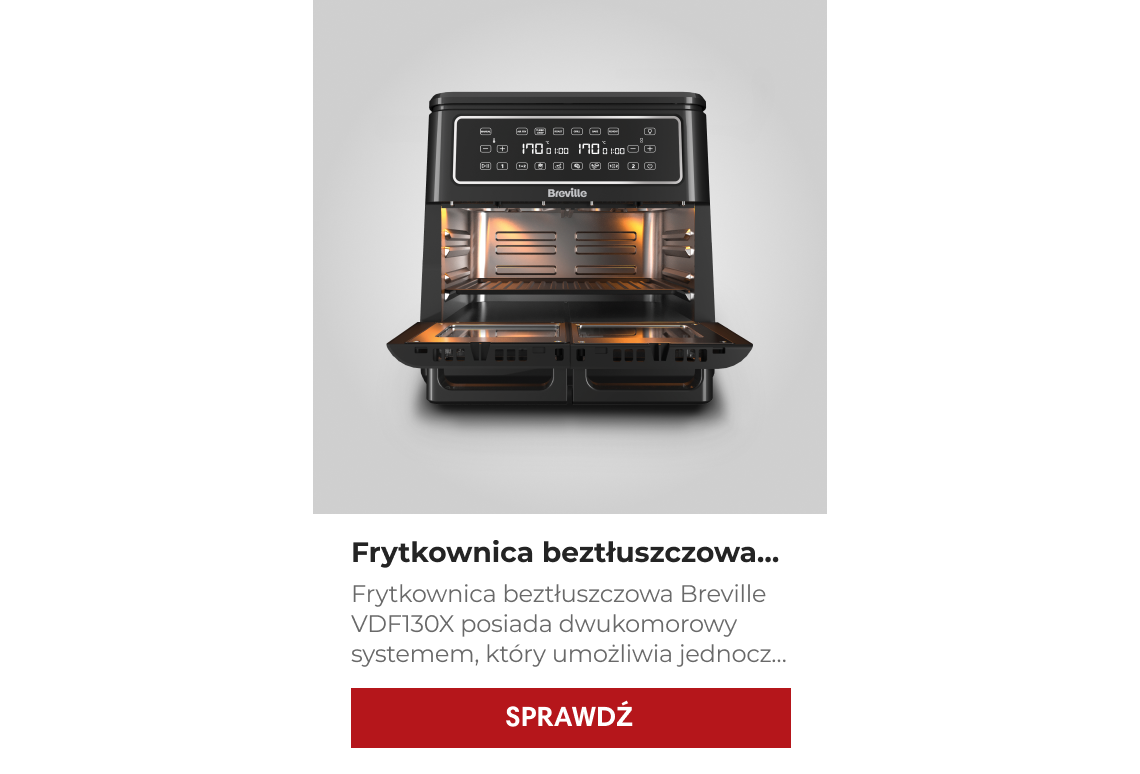 Frytkownica beztłuszczowa Breville VDF130X o pojemności 11 litrów posiada dwukomorowy systemem, który umożliwia jednoczesne przygotowywanie 2 różnych potraw